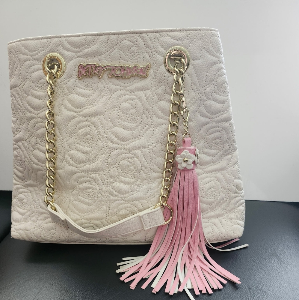 Betsey Johnson Off-White Rose Embossed Bag with Pink Tassel and Gold  Chain